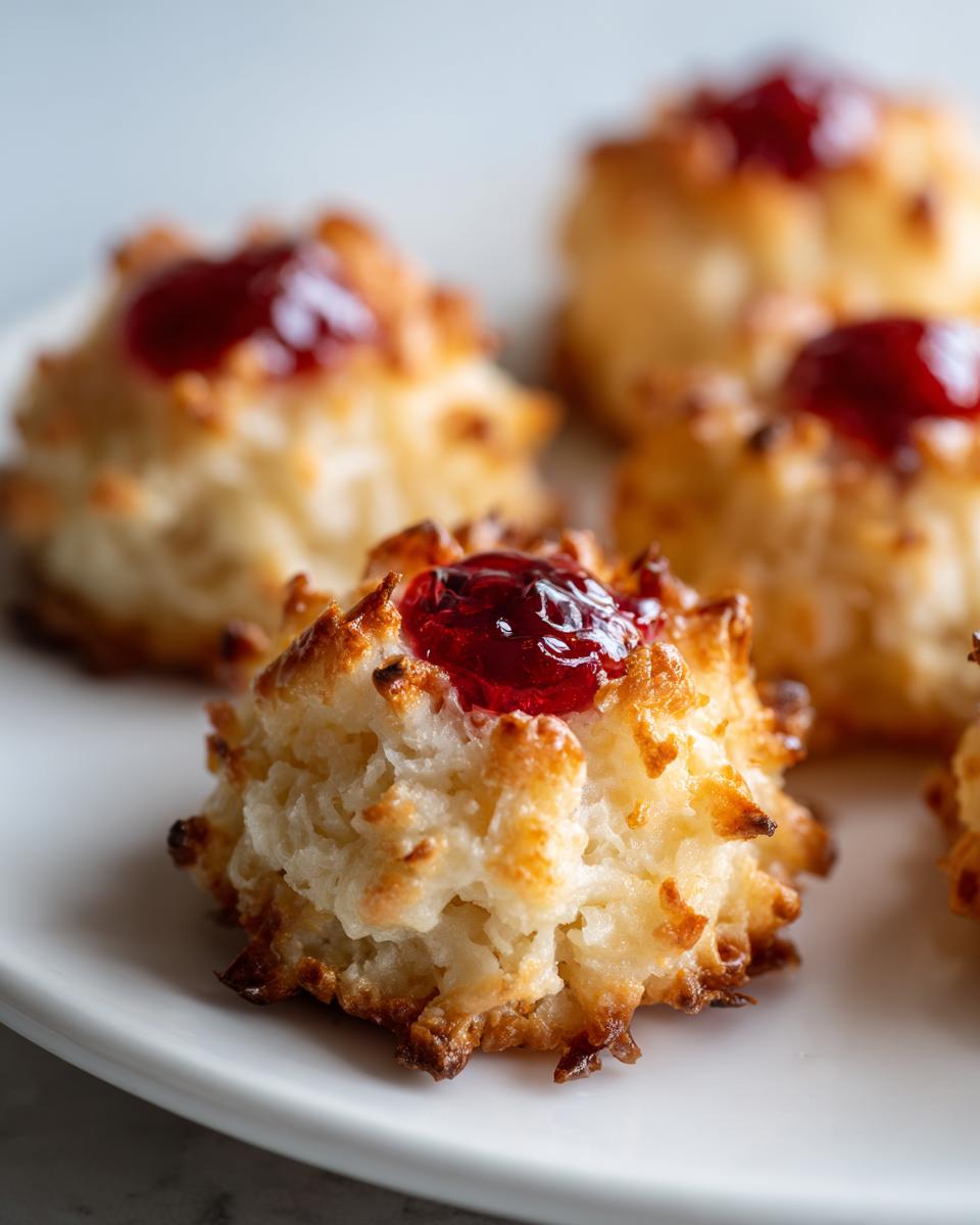 A close-up of a golden-brown coconut macaroon blossom topped with bright red jam on a white plate.