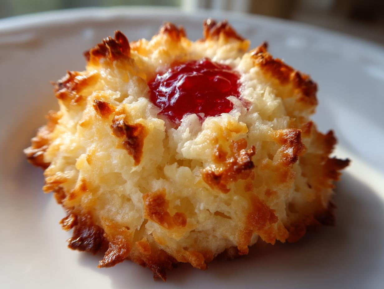 A single, golden-brown coconut macaroon blossom topped with bright red jam.
