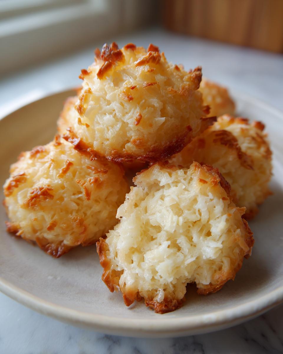 Close-up of golden brown coconut macaroons recipe with sweetened condensed milk, one is broken open.