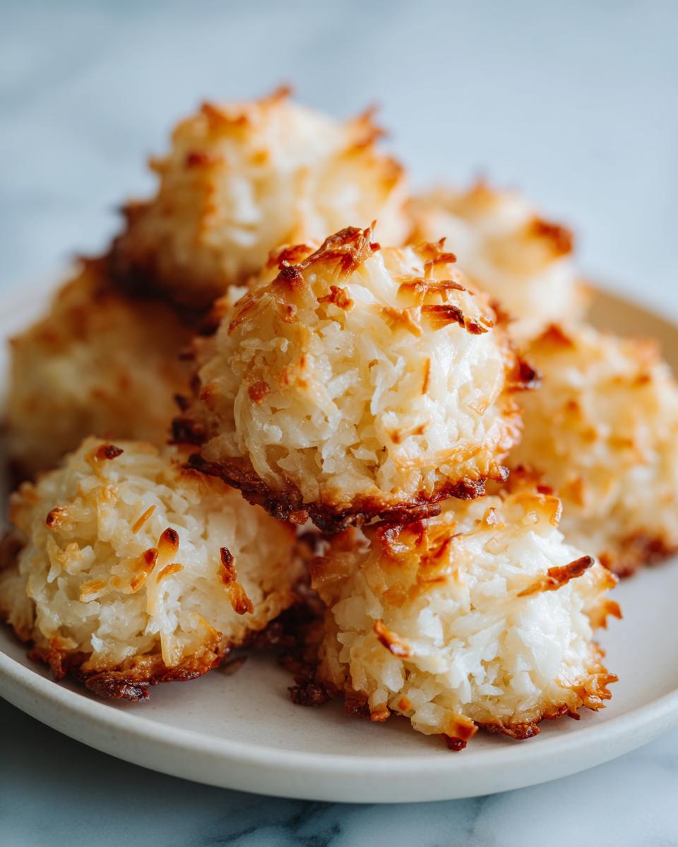 A close-up stack of golden brown coconut macaroons recipe made with sweetened condensed milk on a light plate.