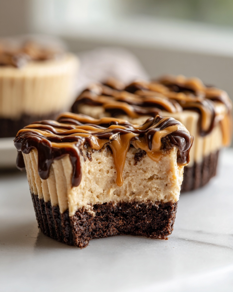 Close-up of a cookie butter cheesecake cup with a bite taken out, showing the crust and creamy filling, drizzled with chocolate and caramel.