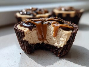 Close-up of a cookie butter cheesecake cup with a bite taken out, showing the creamy filling and chocolate/caramel topping.