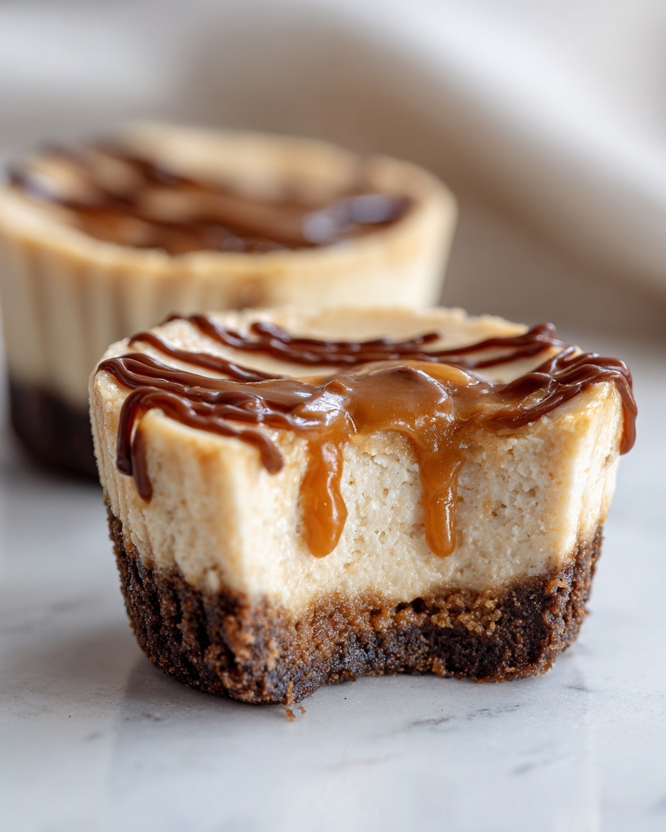 Close-up of a cookie butter cheesecake cup with a bite taken out, topped with caramel and chocolate drizzle.