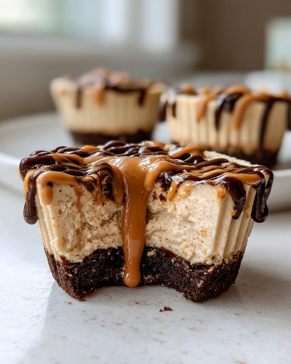 Close-up of a cookie butter cheesecake cup with a bite taken out, showing a thick crust and caramel/chocolate drizzle.