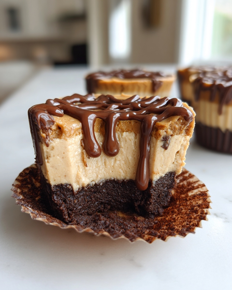 Close-up of a cookie butter cheesecake cup showing the dark brownie base, creamy filling, and chocolate drizzle topping.