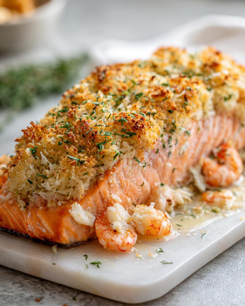 Close-up of baked crab and shrimp stuffed salmon with a golden, herbed crust served on a white platter.