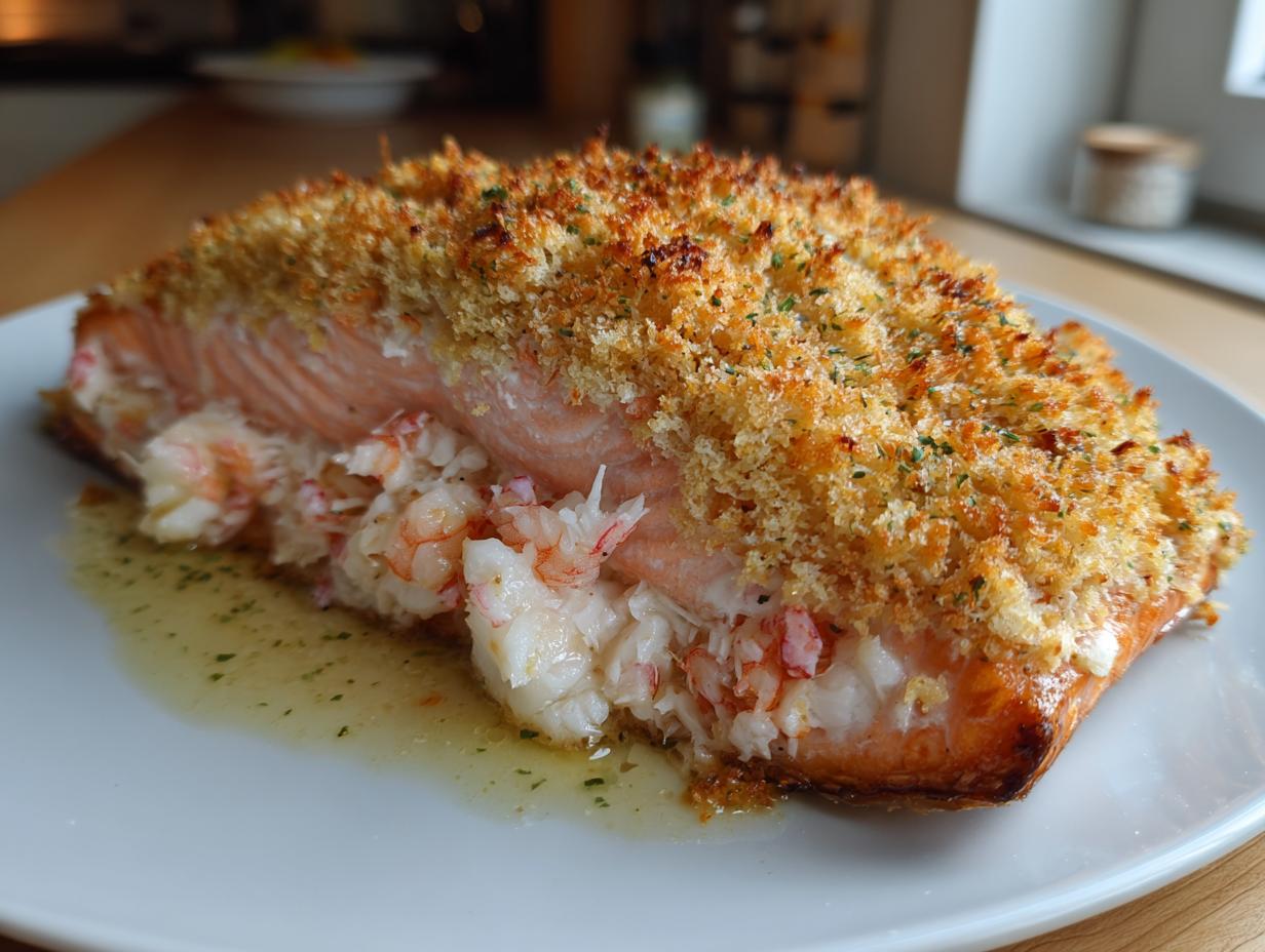 A thick fillet of crab and shrimp stuffed salmon, baked with a golden, crispy breadcrumb topping.