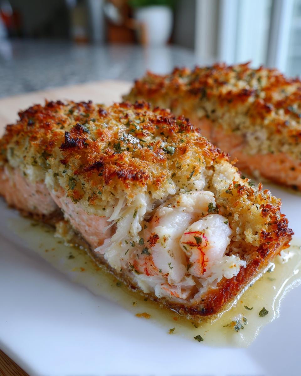 Close-up of a perfectly baked crab and shrimp stuffed salmon fillet with a golden, herbed crust.