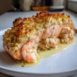 A perfectly cooked piece of crab and shrimp stuffed salmon topped with a golden, crispy breadcrumb crust.