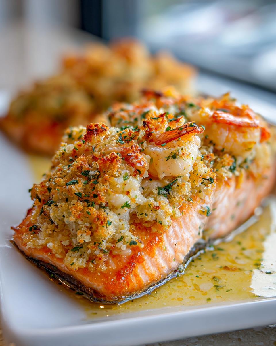 Close-up of a perfectly baked crab and shrimp stuffed salmon fillet with a golden, herbed breadcrumb topping.