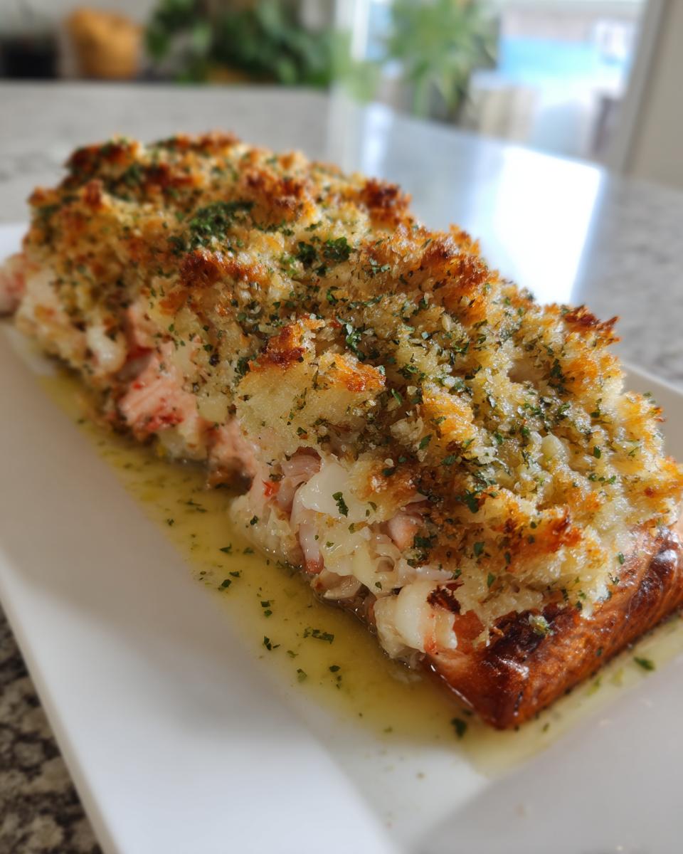 Close-up of a perfectly baked crab and shrimp stuffed salmon fillet with a golden, herbed breadcrumb crust.