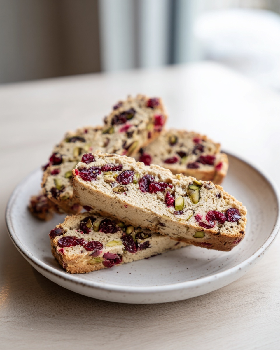 Close-up of several slices of cranberry pistachio biscotti stacked on a rustic white plate.