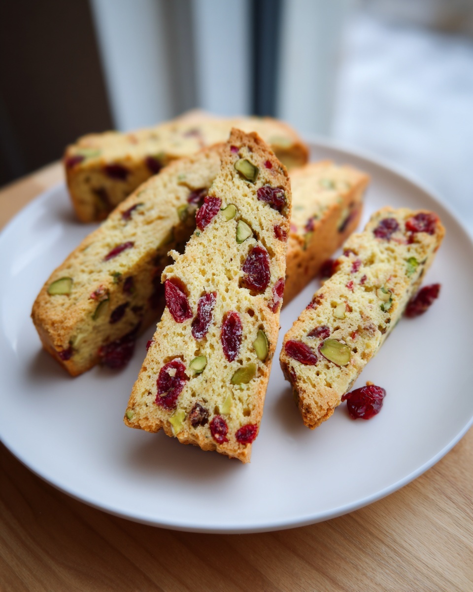 Close-up of several slices of cranberry pistachio biscotti showing dried cranberries and green pistachios baked inside.