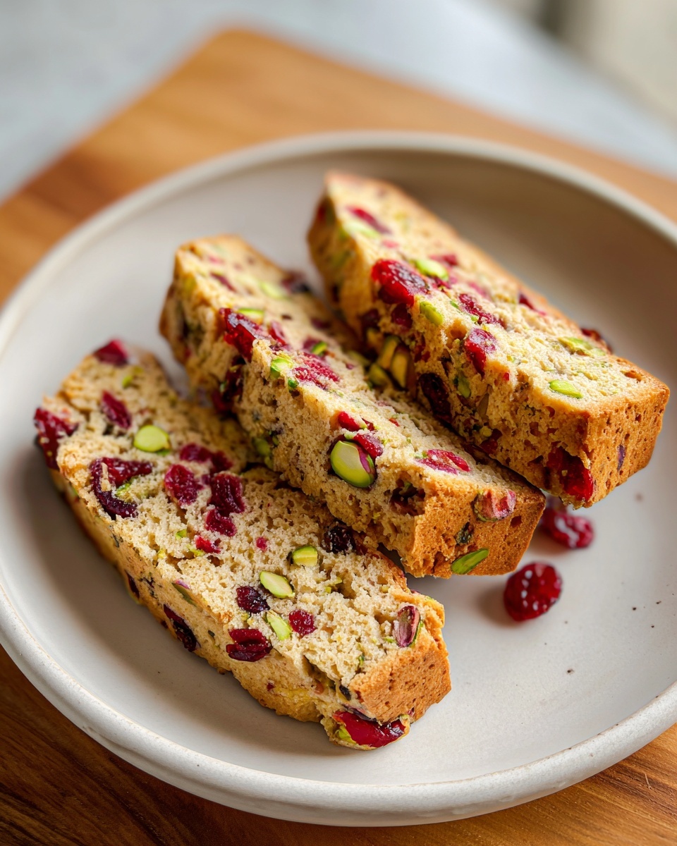 Three slices of golden cranberry pistachio biscotti packed with red dried cranberries and green pistachios, served on a light gray plate.