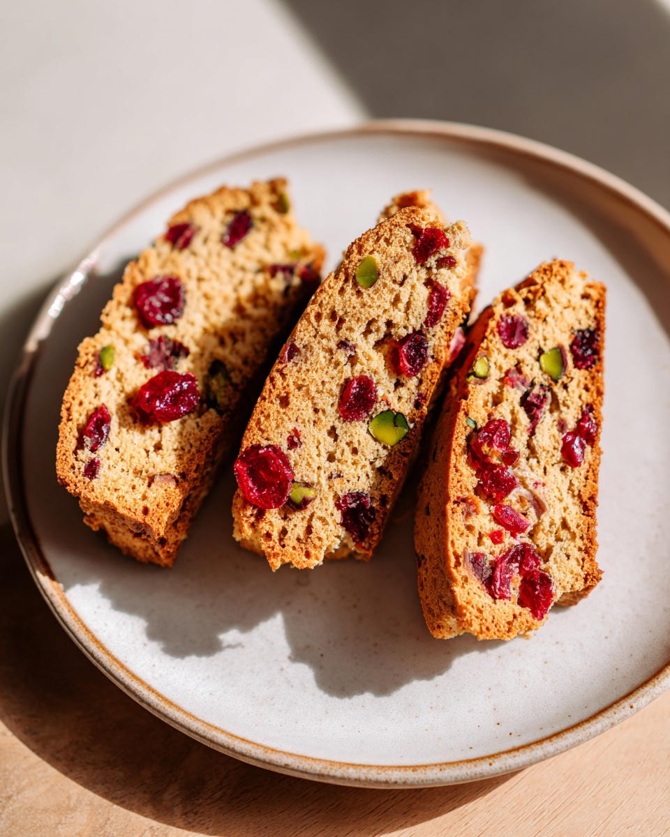 Three slices of golden brown cranberry pistachio biscotti studded with red dried cranberries and green pistachios, resting on a light ceramic plate.