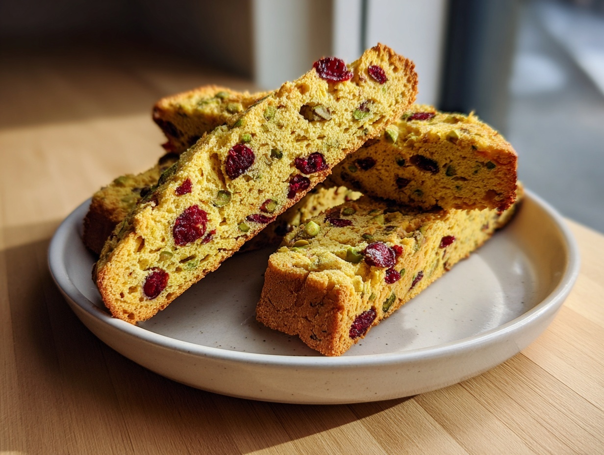 Four golden slices of cranberry pistachio biscotti stacked on a light ceramic plate, showing visible dried cranberries and green pistachios.