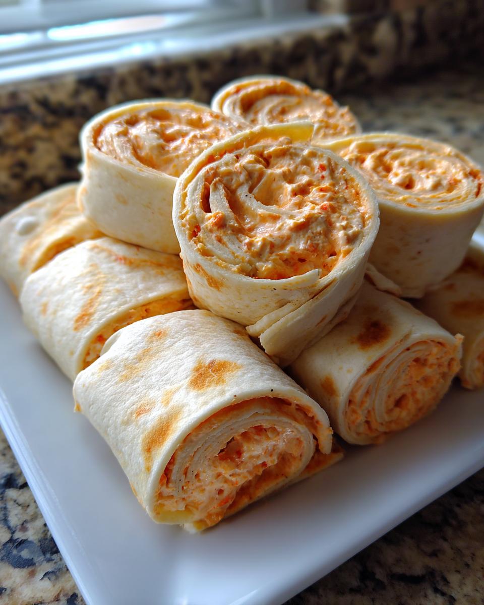 A stack of sliced cream cheese taco pinwheels showing the creamy orange filling inside a tortilla wrap.