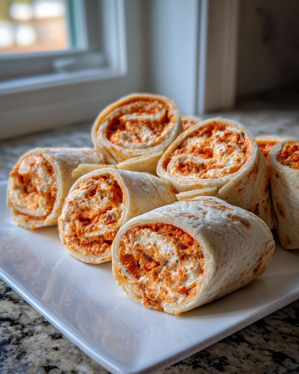 A serving of delicious cream cheese taco pinwheels with orange filling arranged on a white platter.