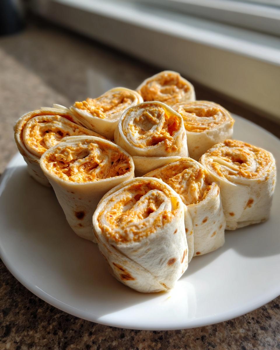 A close-up of several cream cheese taco pinwheels arranged on a white plate, showing the orange filling spiral.