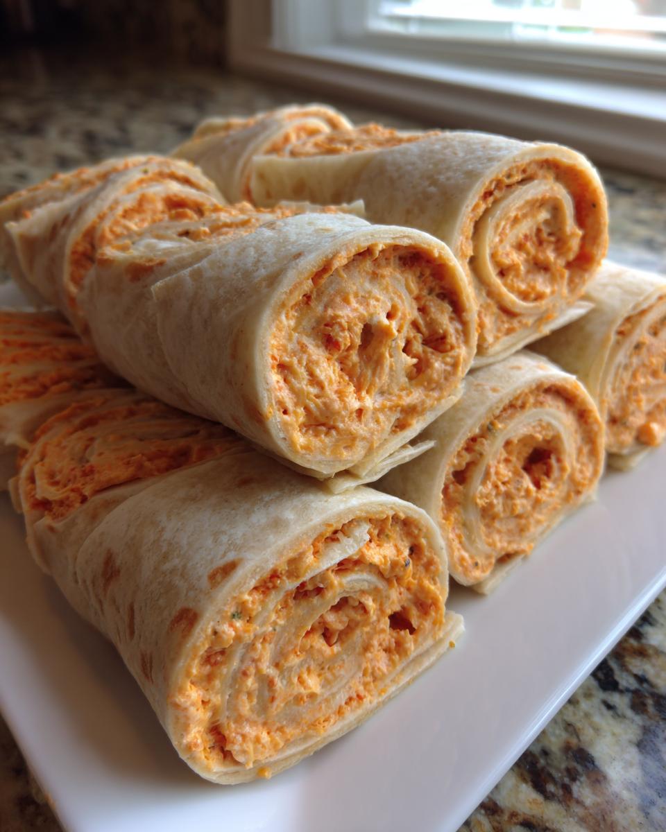 A stack of freshly cut cream cheese taco pinwheels showing the orange, creamy filling rolled tightly in tortillas.