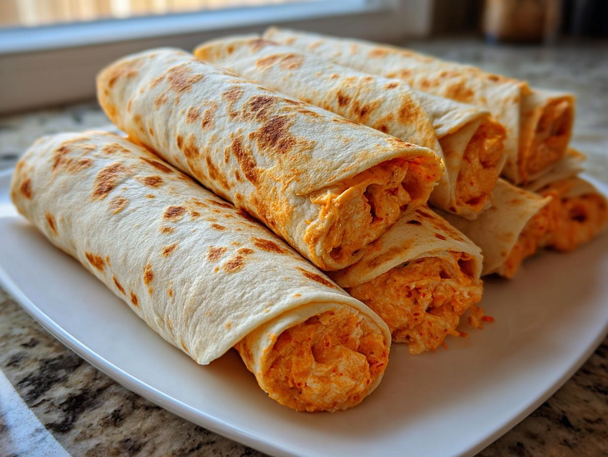 A stack of rolled tortillas filled with orange cream cheese taco filling, known as cream cheese taco pinwheels.