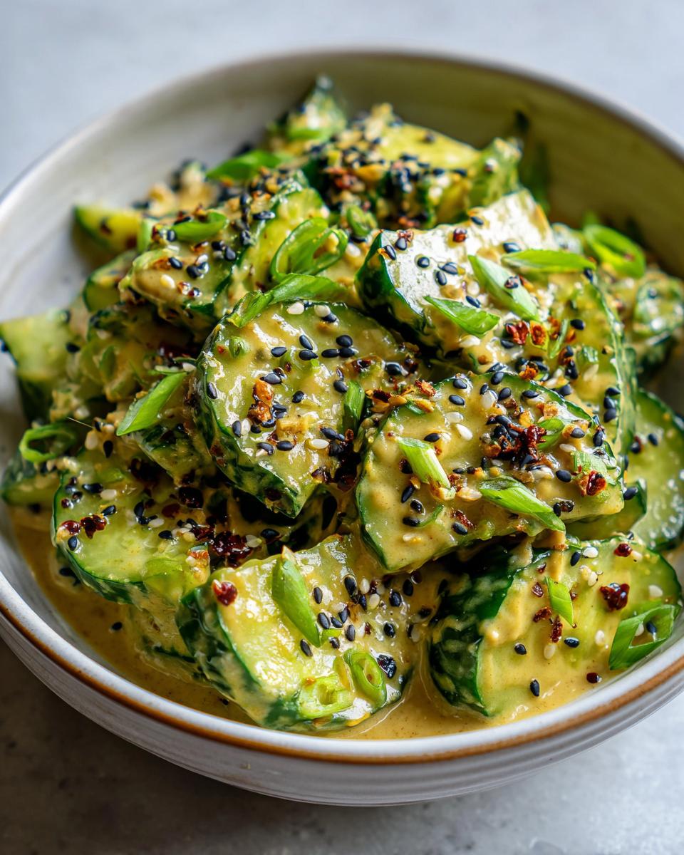 Close-up of smashed cucumbers coated in a creamy asian cucumber salad with peanut butter dressing, topped with sesame seeds.