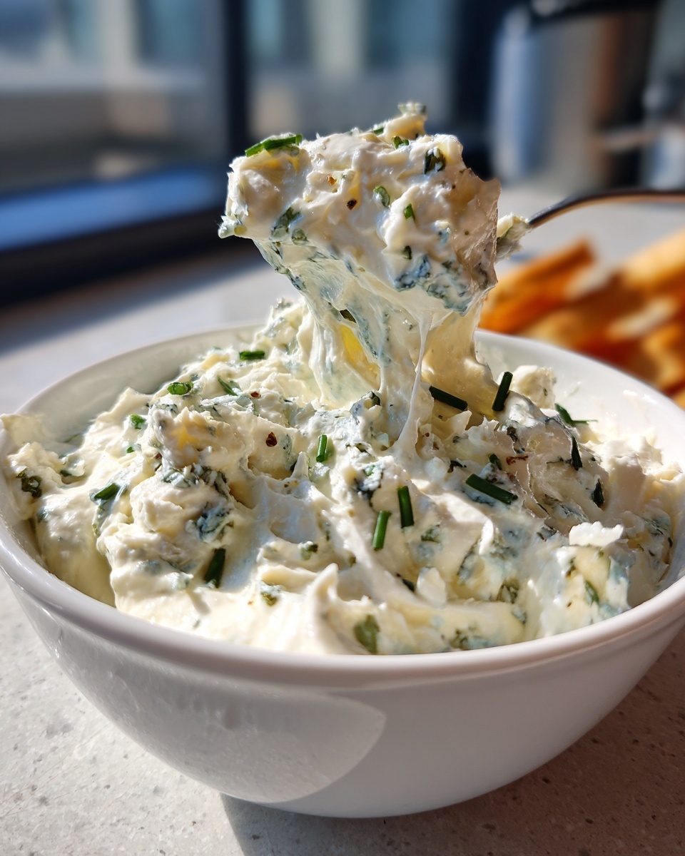 A spoonful of creamy blue cheese dip, showing texture and chives, being lifted from a white bowl.