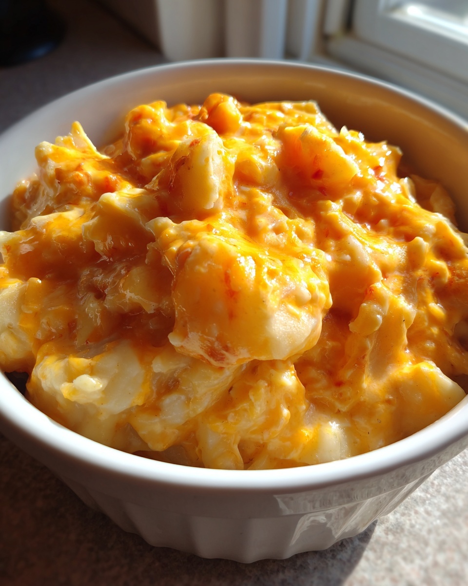 Close-up of thick, creamy cheese soup with chunks of potato or pasta coated in bright orange melted cheese.