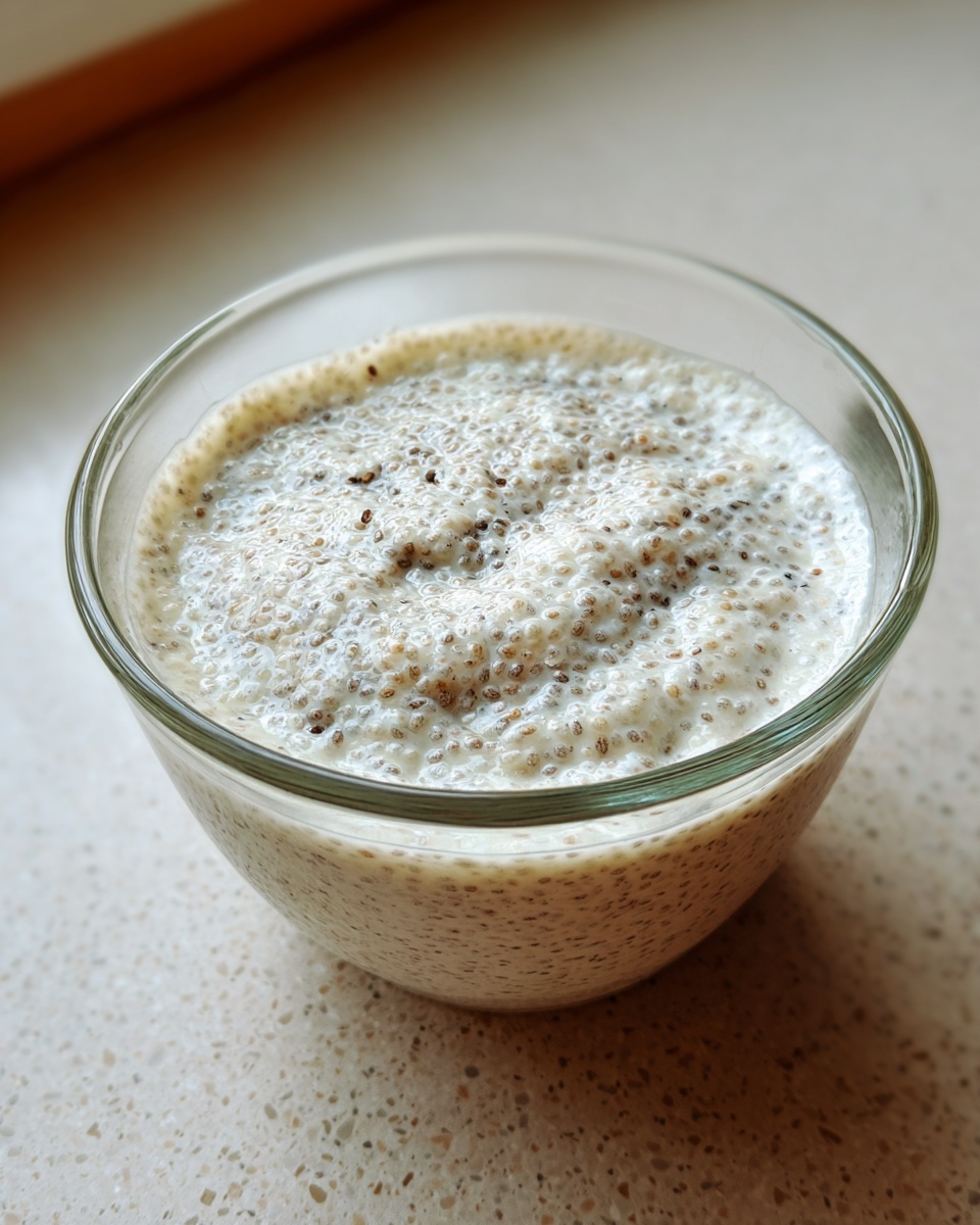 A close-up view of creamy chia pudding prepared in a clear glass bowl.
