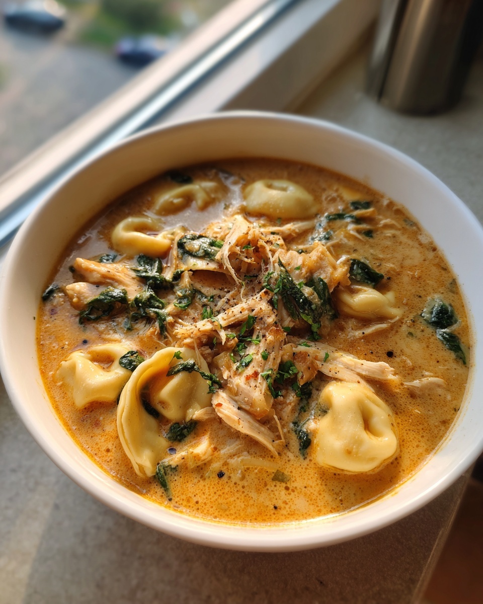 A close-up of a bowl of creamy chicken tortellini soup topped with shredded chicken and spinach.