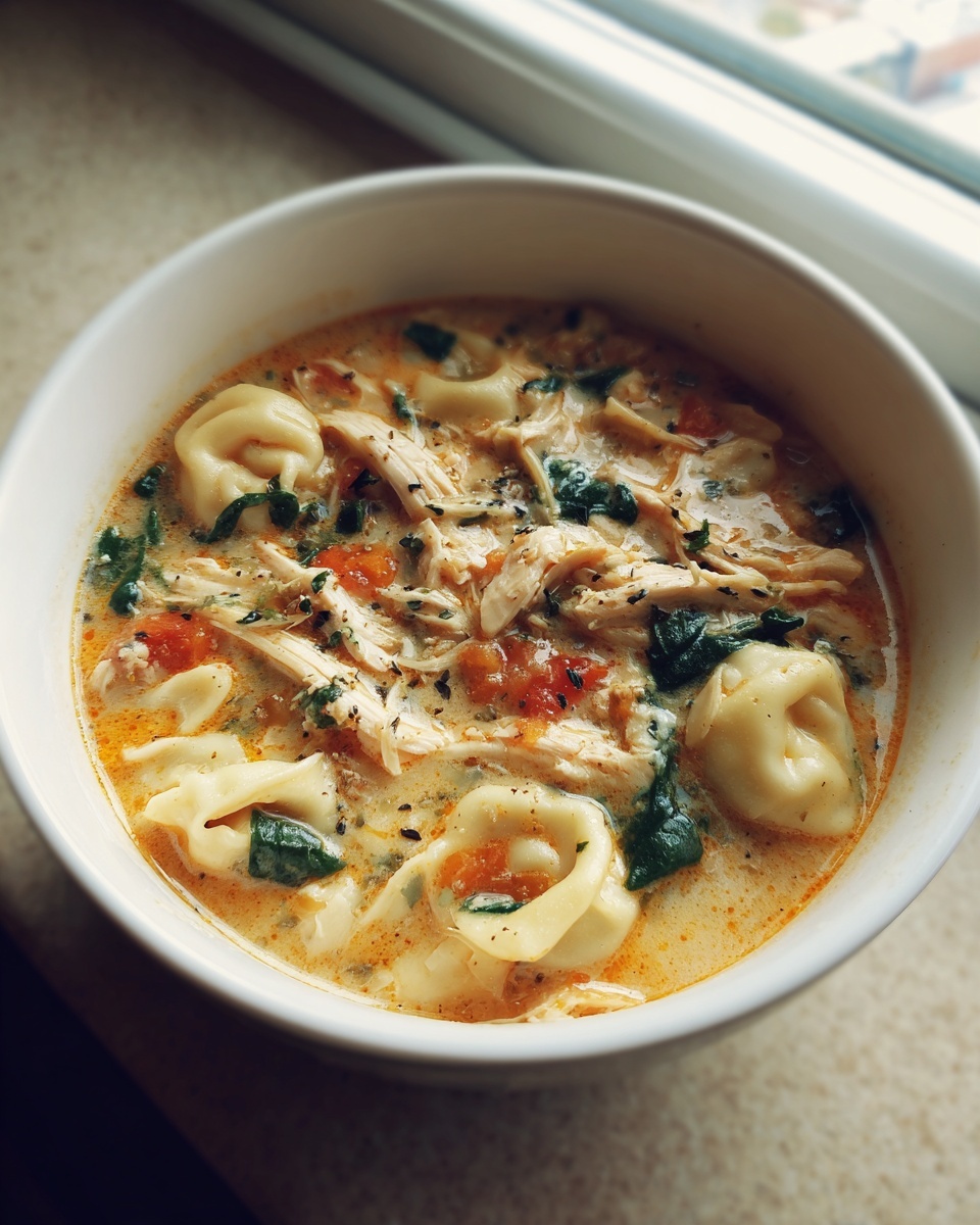 Close-up of a bowl of creamy chicken tortellini soup with shredded chicken, spinach, and tomatoes.