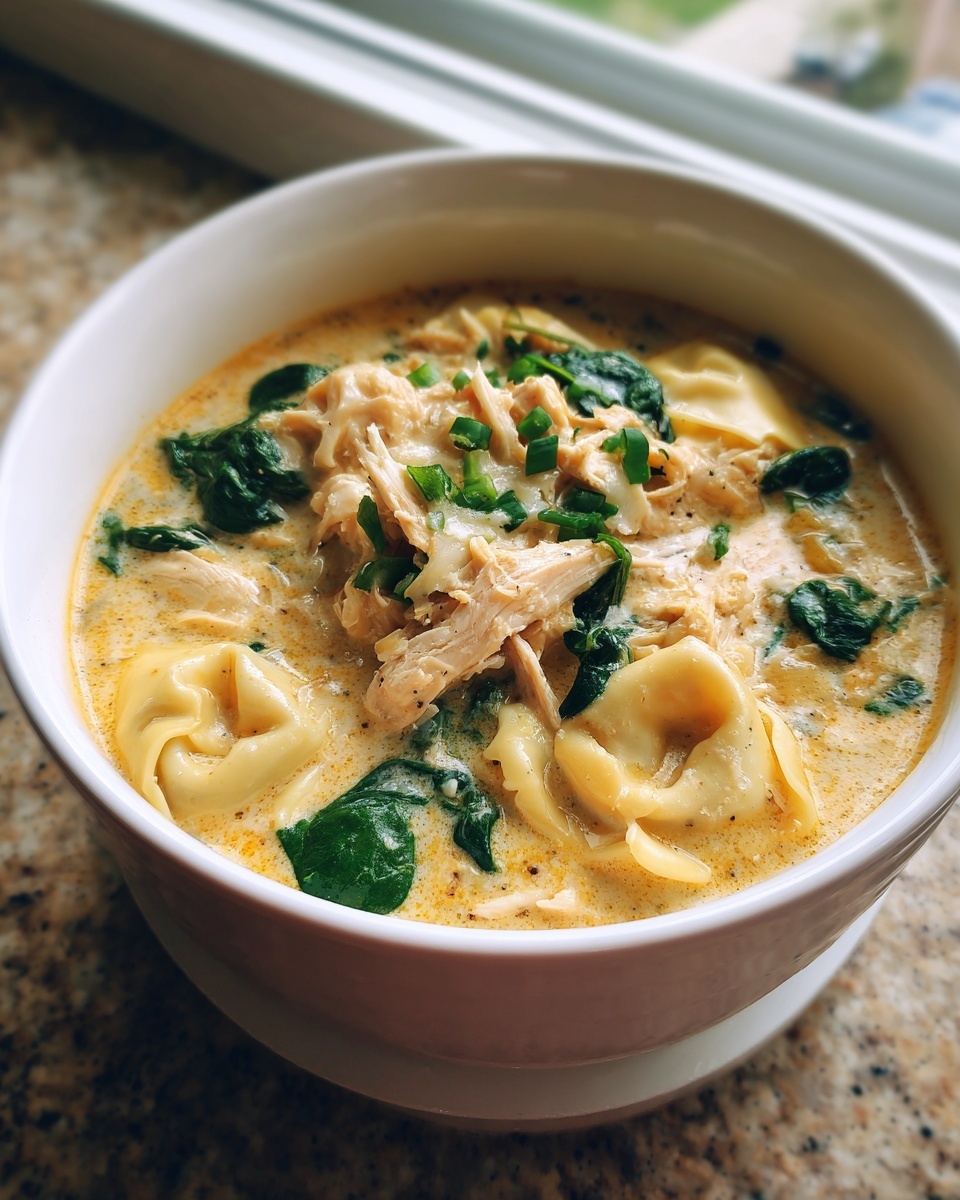 A close-up of a bowl of creamy chicken tortellini soup, featuring shredded chicken, spinach, and tortellini pasta.