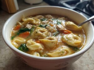 Close-up of a white bowl filled with creamy chicken tortellini soup, featuring tortellini, carrots, and spinach.
