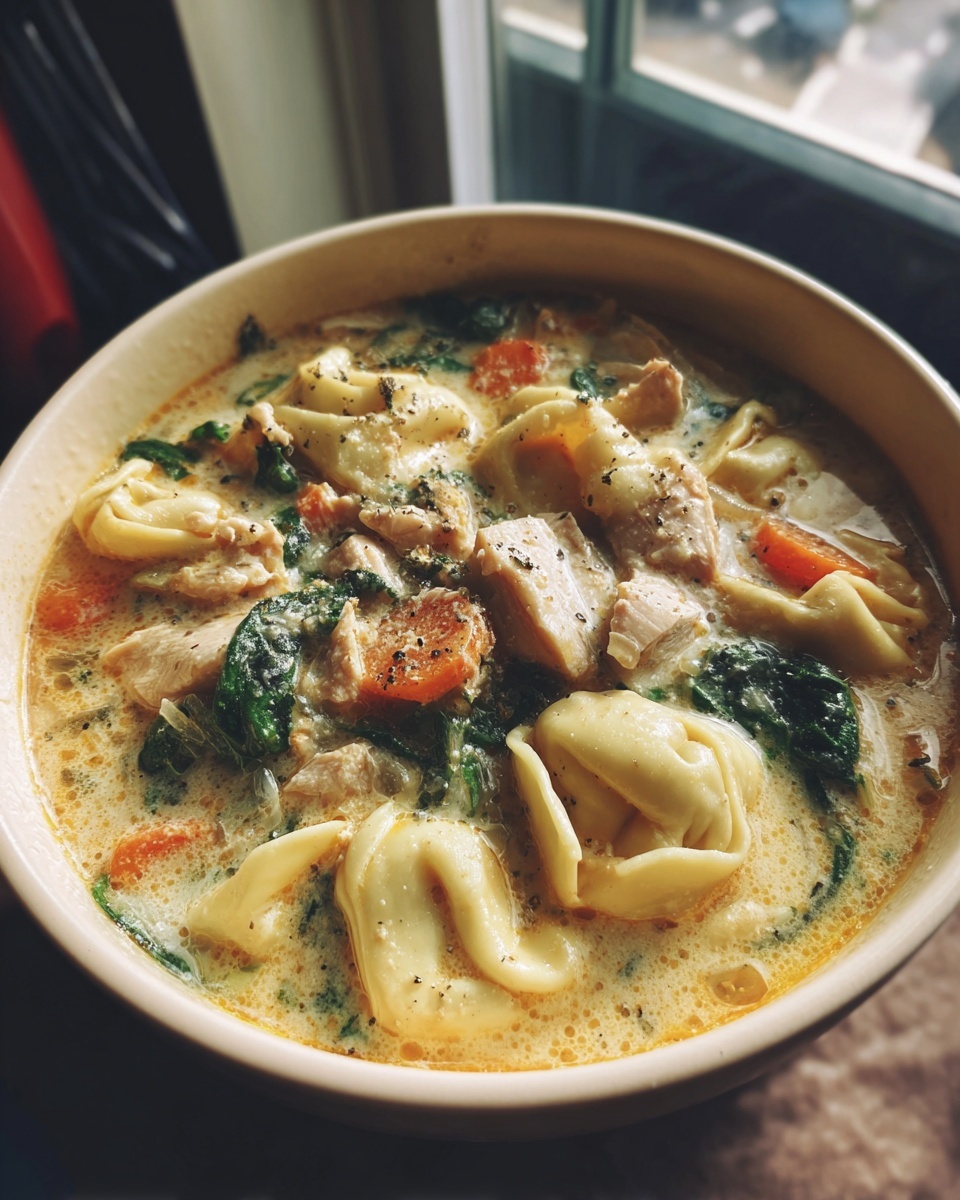 Close-up of a hearty bowl of creamy chicken tortellini soup, featuring chunks of chicken, spinach, and carrots.