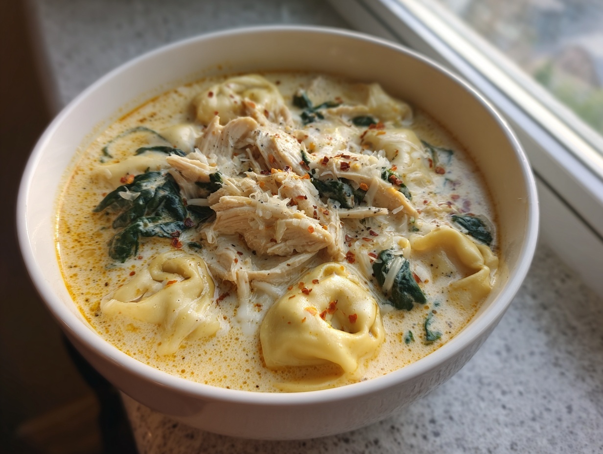 Close-up of a bowl of creamy chicken tortellini soup topped with shredded chicken, spinach, and red pepper flakes.