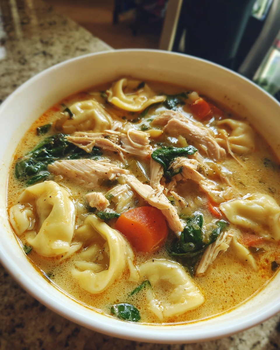 A close-up view of a hearty bowl of creamy chicken tortellini soup with shredded chicken, spinach, and carrots.