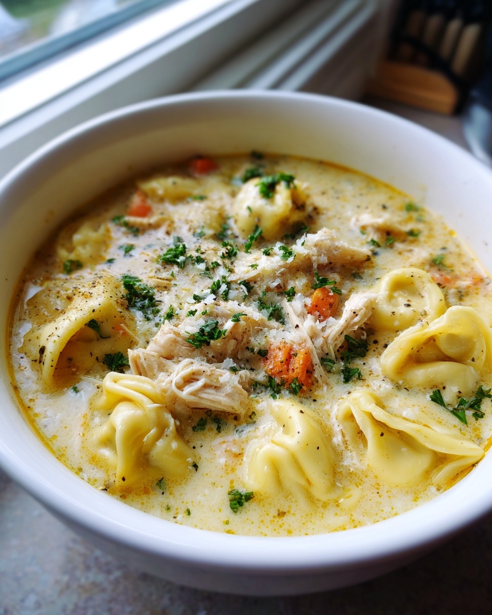 Close-up of a bowl of creamy chicken tortellini soup crock pot, topped with shredded chicken and parsley.