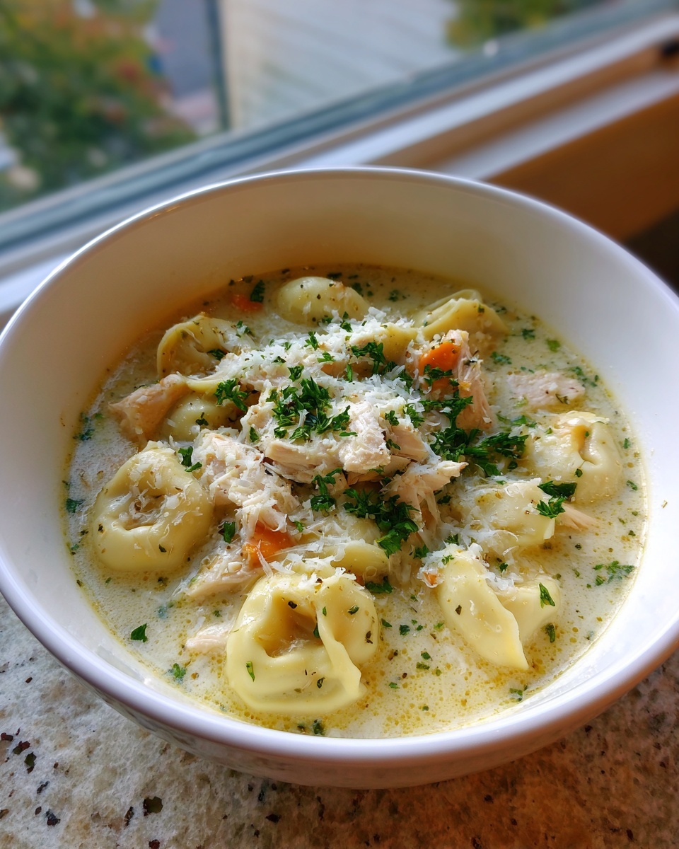 A white bowl filled with creamy chicken tortellini soup crock pot, topped with shredded chicken, Parmesan, and parsley.