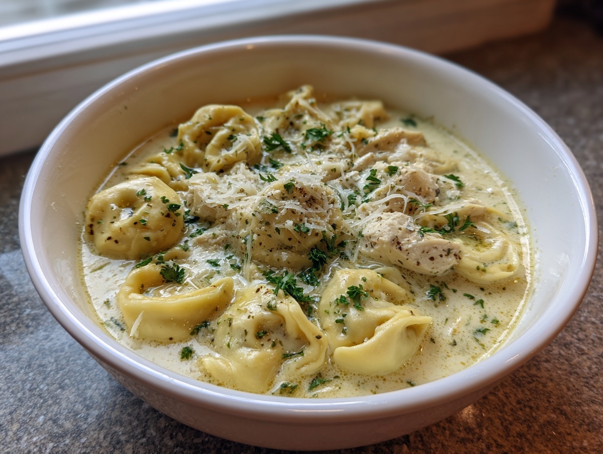 A close-up of a white bowl filled with creamy chicken tortellini soup crock pot, topped with Parmesan and parsley.