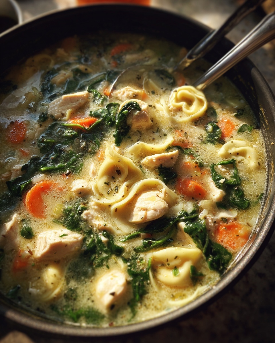 A close-up view of rich, creamy chicken tortellini soup filled with chicken chunks, spinach, and carrots.