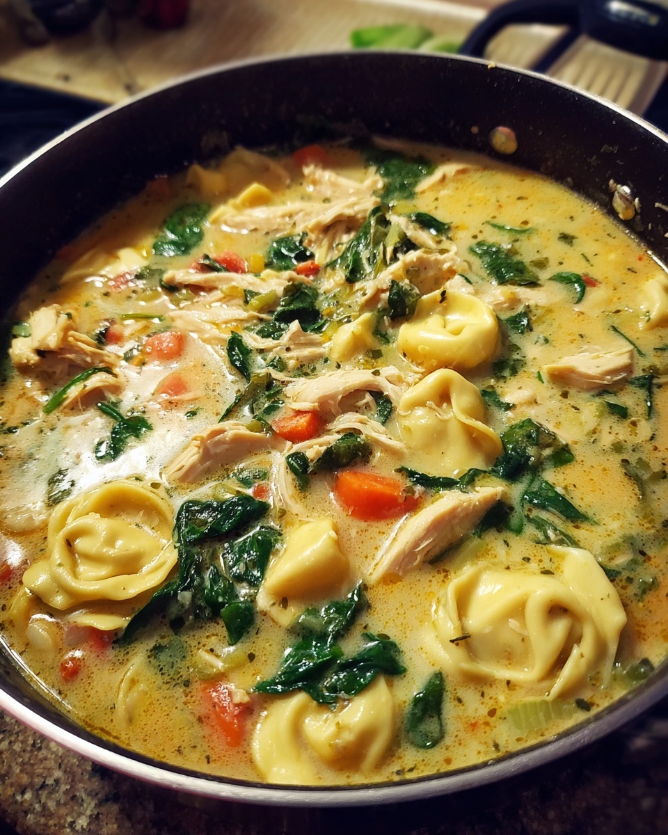 Close-up of rich, creamy chicken tortellini soup simmering in a dark pot, filled with tortellini, shredded chicken, and spinach.