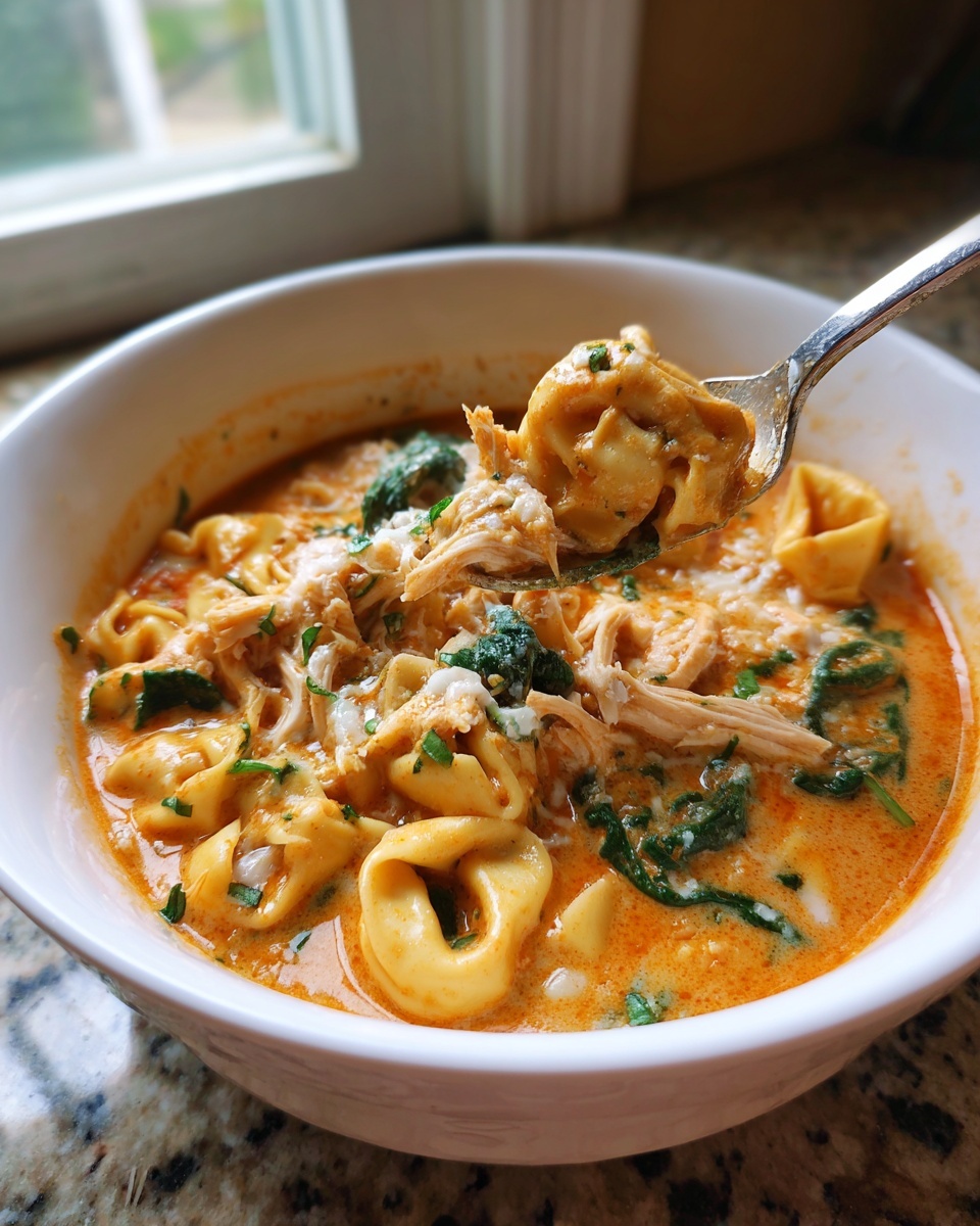A close-up of a bowl of creamy chicken tortellini soup, with a spoonful lifted showing shredded chicken and tortellini.