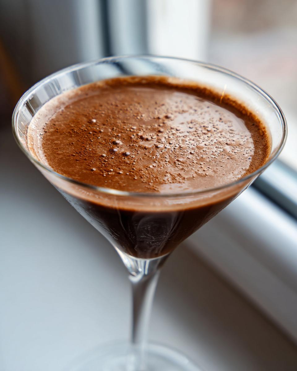 Close-up of a creamy, frothy chocolate martini served in a classic martini glass.