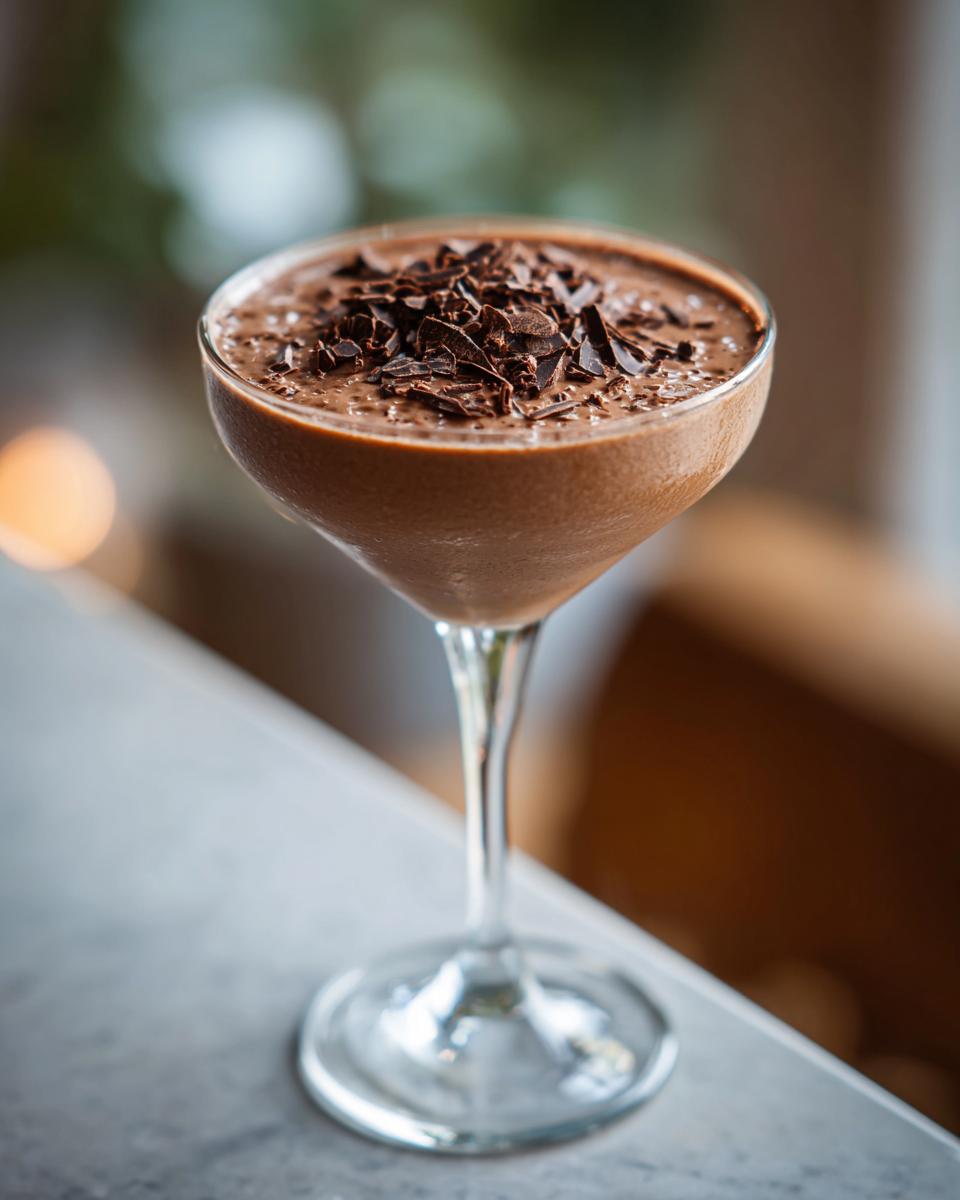 Close-up of a creamy chocolate martini cocktail in a coupe glass, garnished with dark chocolate shavings.
