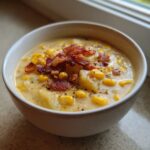 A close-up of a creamy bowl of corn chowder loaded with corn kernels, potatoes, and crispy bacon bits.