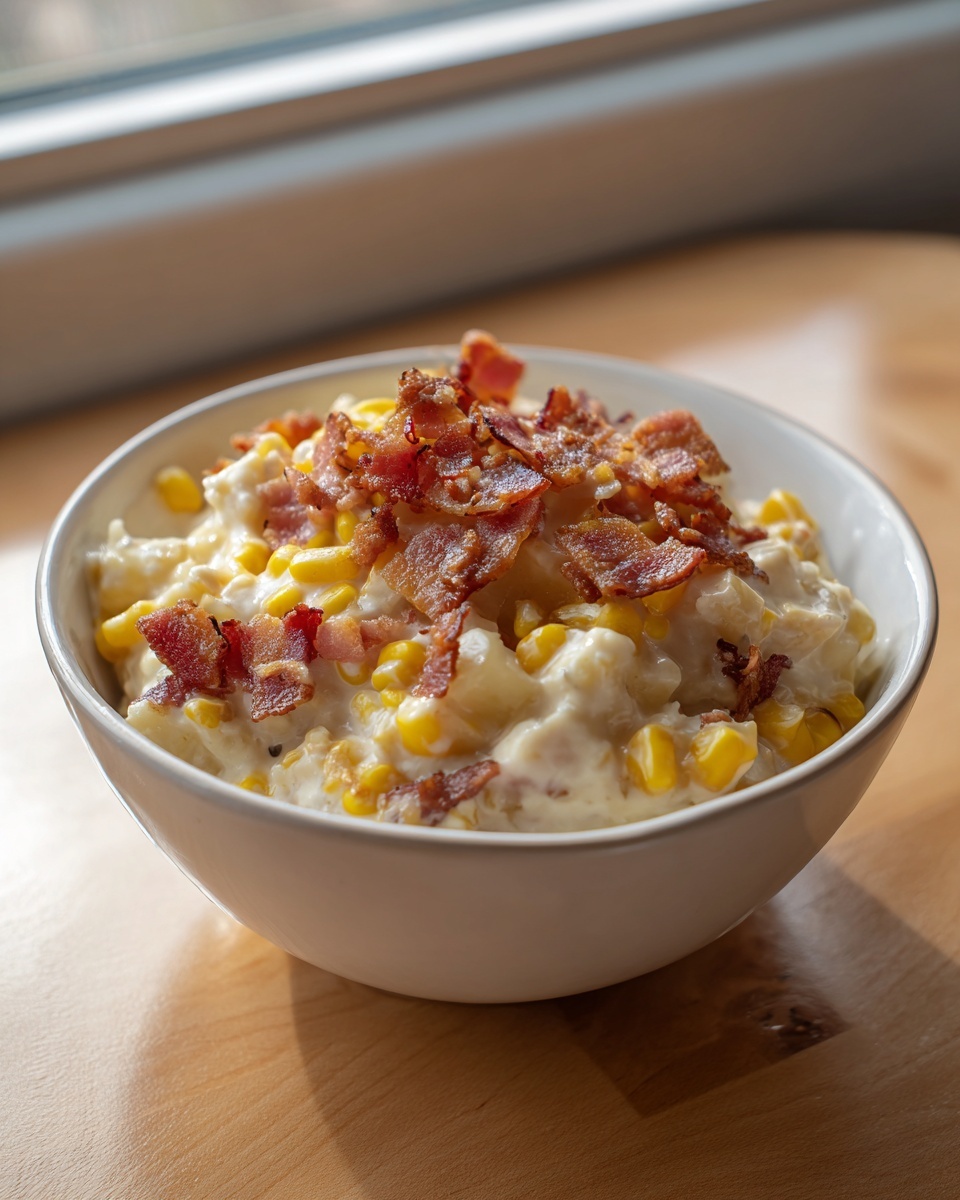 A white bowl filled with creamy corn chowder loaded with corn kernels and topped generously with crumbled bacon.