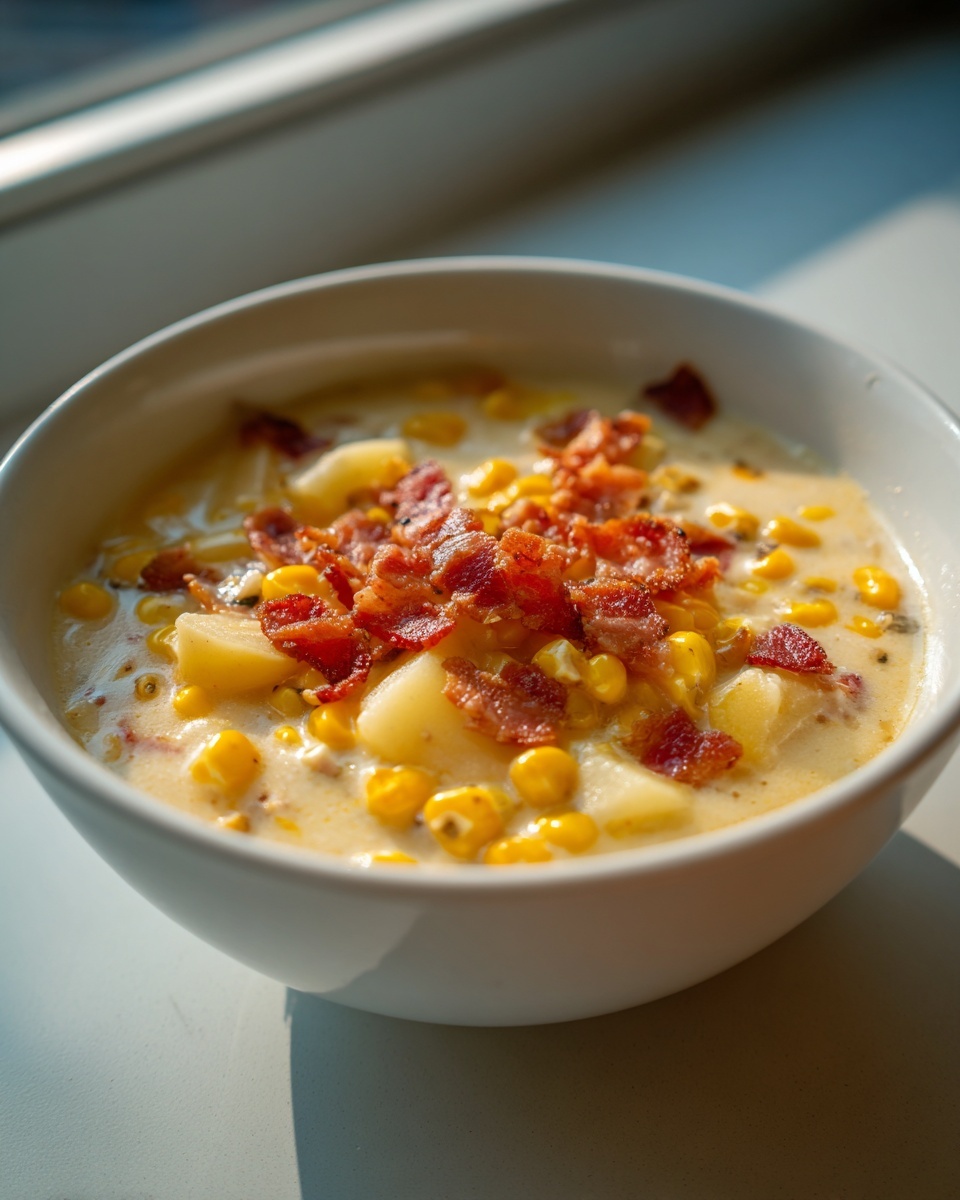 A white bowl filled with creamy corn chowder, featuring yellow corn kernels, potato chunks, and topped generously with crumbled bacon.
