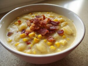 A close-up of a bowl of creamy corn chowder filled with corn and potato chunks, topped generously with crumbled bacon.