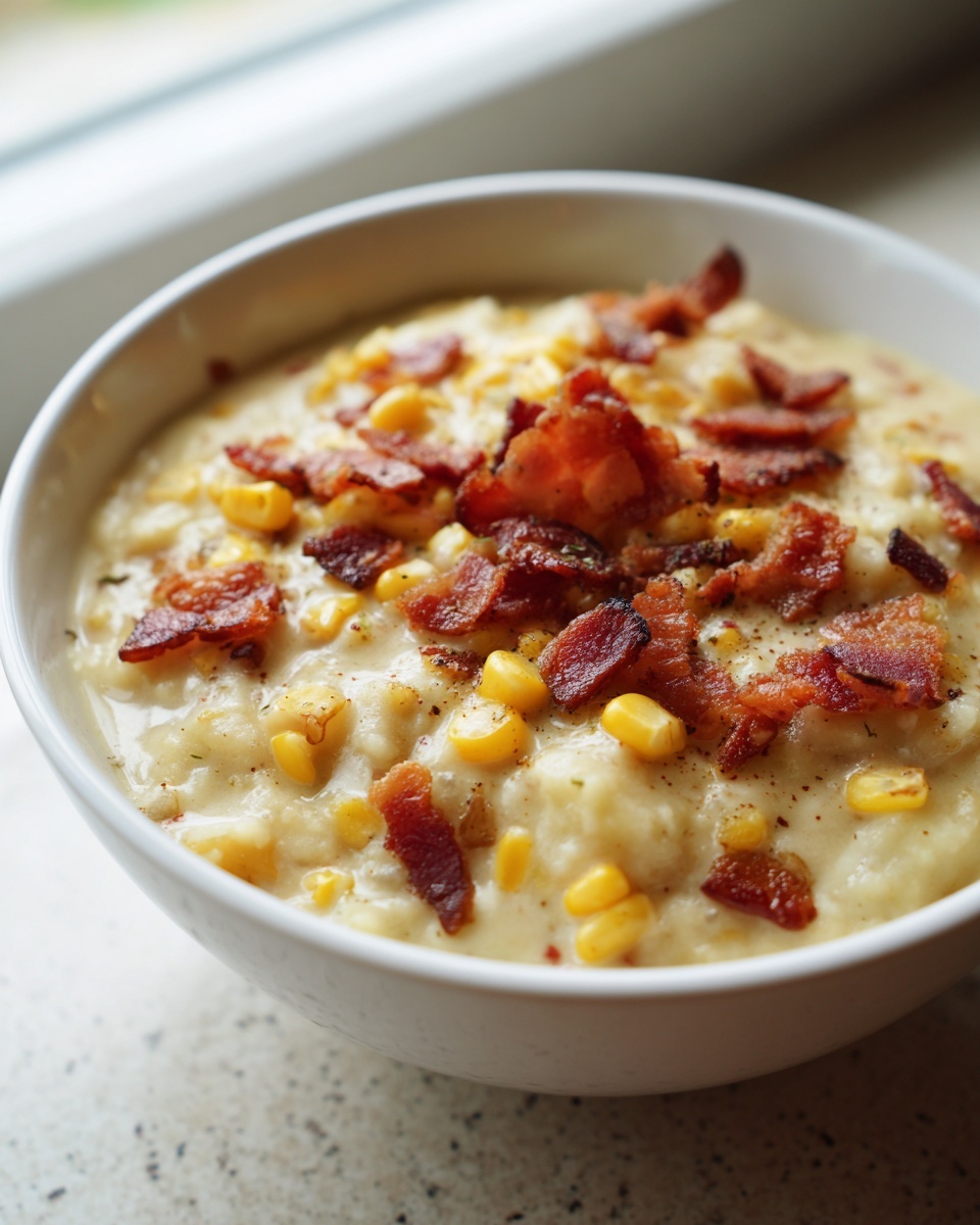 A close-up of a bowl of creamy corn chowder topped generously with crumbled bacon pieces.
