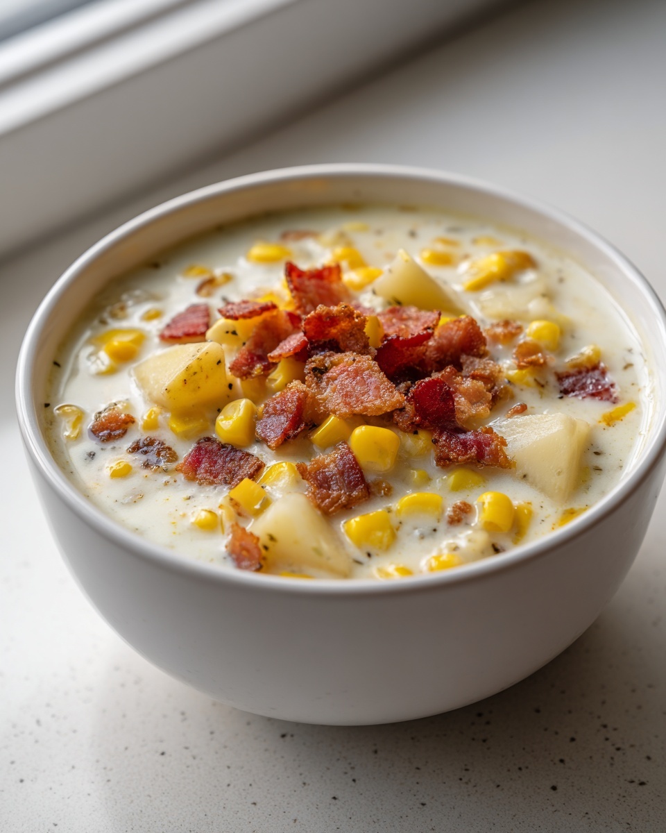 A close-up of a bowl of creamy corn chowder filled with corn kernels, potatoes, and topped generously with crispy bacon bits.